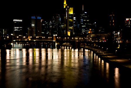 Frankfurt am Main city center from Ignatz-Bubis-Brücke at night 2020-03-22 pixel shift 04 photo