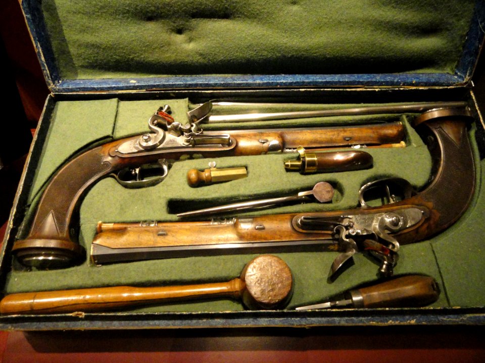 French cased duelling pistols, Nicolas Noel Boutet, single shot, flintlock, rifled, .58 caliber, blued steel, Versailles, 1794-1797 - Royal Ontario Museum - DSC09477