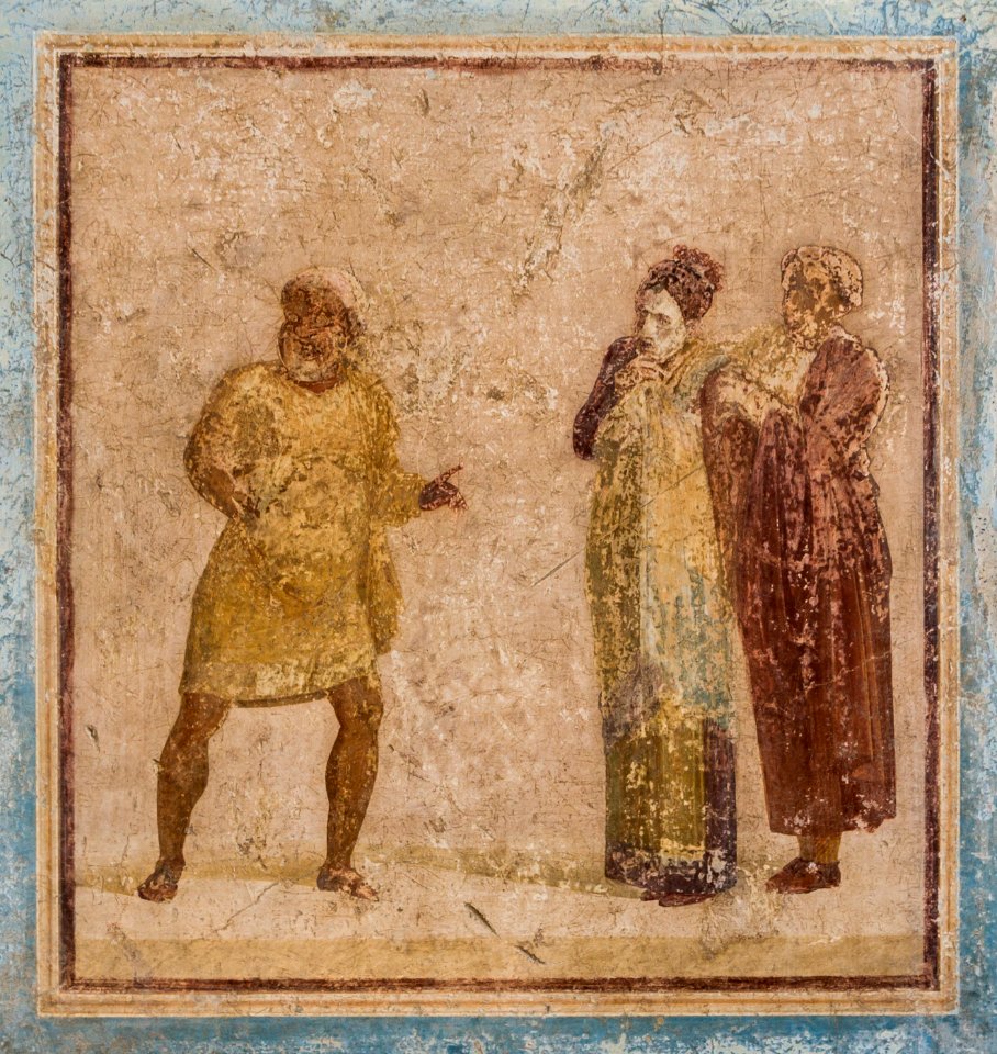 Fresco in situ theatre scene house Quadretti Teatrali Pompeii