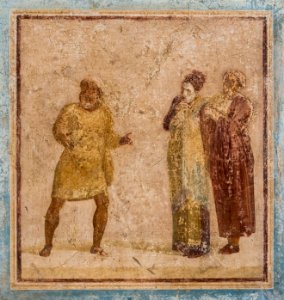 Fresco in situ theatre scene house Quadretti Teatrali Pompeii