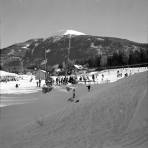 Gezicht op de Patscherkofel met op de voorgrond het oefenweitje en skiërs in de , Bestanddeelnr 254-4341