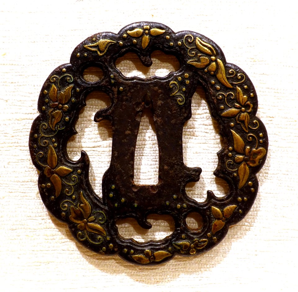 Ginkgo Leaves, tsuba, Japan, attributed to Koike, brass, iron - Peabody Essex Museum - DSC07452