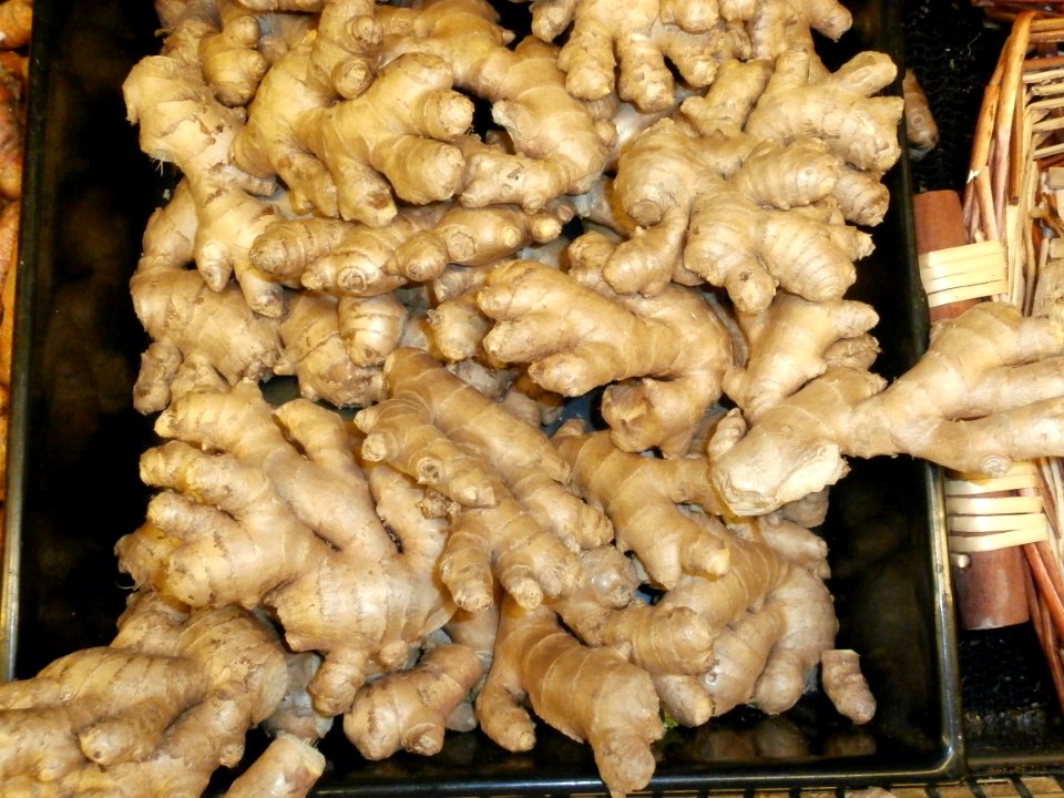 Ginger roots in a bin