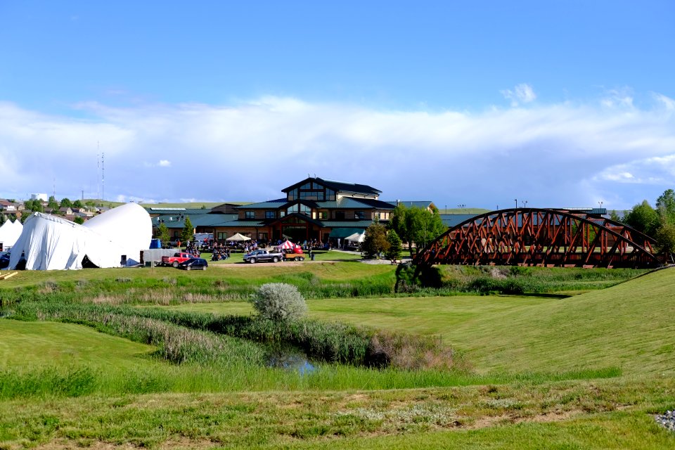 Gillette College Main Building and bridge over Donkey Creek during Donkey Creek Festival 2019 in Gillette, Wyoming