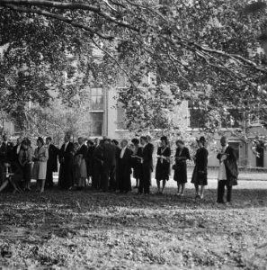 Gezelschap in de Hortus Botanicus luistert naar het Leidsch Studenten Zangkoor, Bestanddeelnr 900-7945