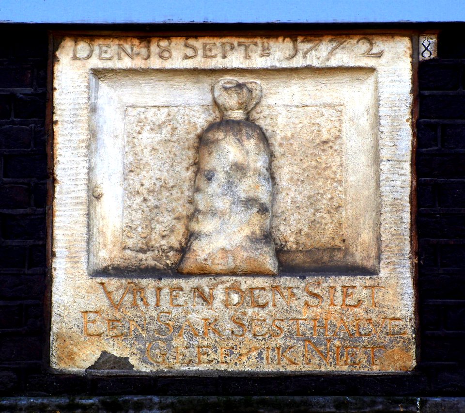 Gevelsteen Brouwersgracht 97, Den 18 Sept 1772, Vrienden Siet Een Sak Sesthalve Geef ik Niet
