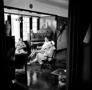 Gezelschap op bezoek bij de familie De Greve, in Paramaribo. Links mevrouw Van …, Bestanddeelnr 252-2172