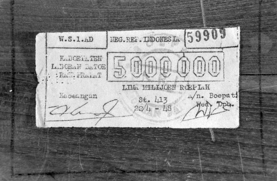 Gestencild bankbiljet van 50000000 roepiah, Bestanddeelnr 3065