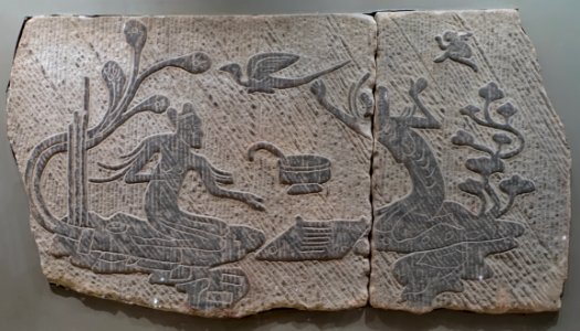Gods playing chess, unearthed from Xinjin, Sichuan, Eastern Han dynasty, 25-220 AD, tomb tile, carved stone - Sichuan University Museum - Chengdu, China - DSC06286