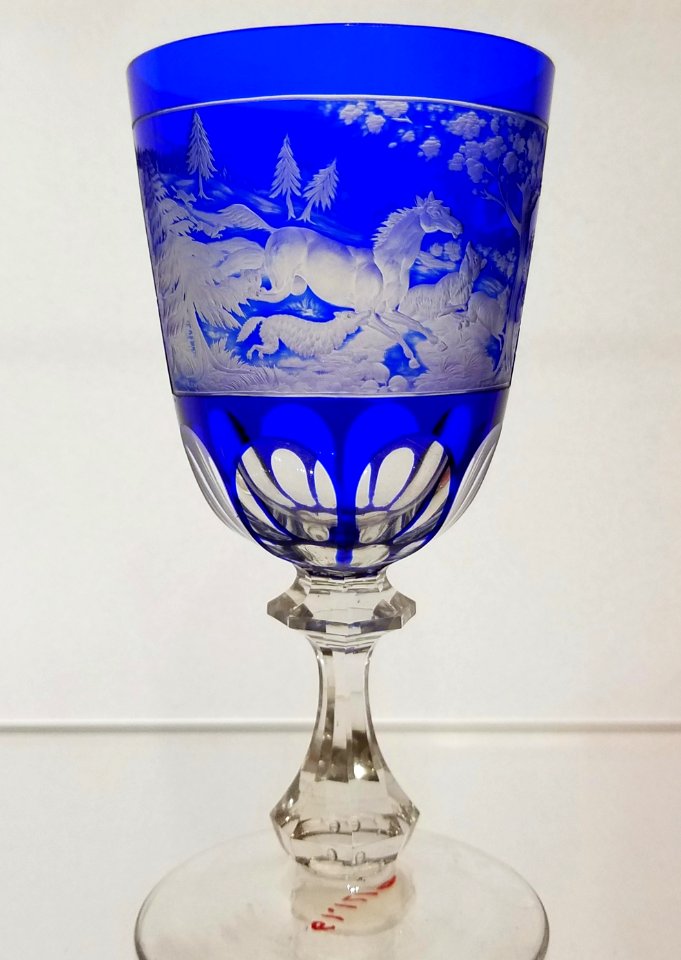 Goblet, Louis F. Vaupel, New England Glass Company, c. 1860-1875, blown, cobalt-blue cased glass, cut and engraved - Museum of Fine Arts, Boston - 20180922 153837 (cropped)
