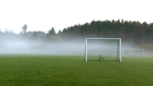 Goalposts in the mist at Brastad Arena photo