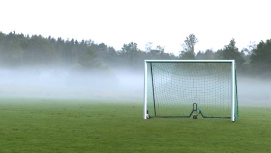 Goalpost in the mist at Brastad Arena
