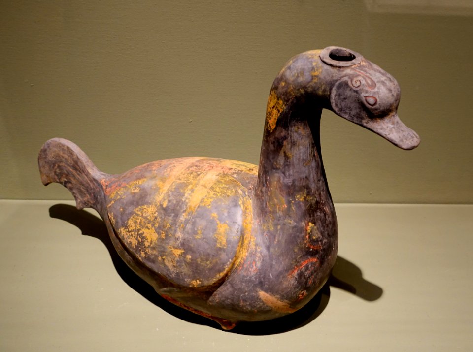 Goose-shaped vessel, China, Han dynasty, 2nd century BC to 2nd century AD, earthenware, pigments - Portland Art Museum - Portland, Oregon - DSC08631