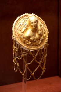 Gold hairnet with Aphrodite at the National Archaeological Museum of Athens on 22 July 2018