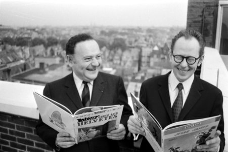 Goscinny (scenarist van de strips Asterix en Lucky Luke) (l) en Morris (tekenaar, Bestanddeelnr 924-5894