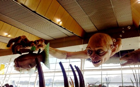 Gollum with fishes sculpture, in Wellington Airport terminal