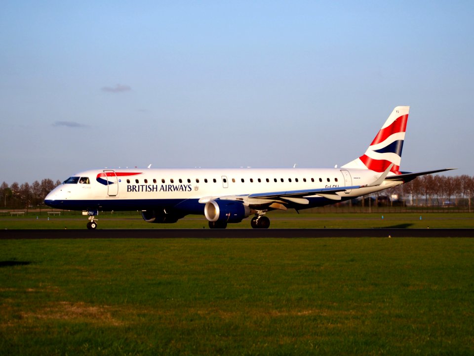 G-LCYJ BA CityFlyer Embraer ERJ-190SR takeoff from Polderbaan, Schiphol (AMS - EHAM) at sunset