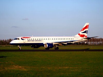 G-LCYJ BA CityFlyer Embraer ERJ-190SR takeoff from Polderbaan, Schiphol (AMS - EHAM) at sunset