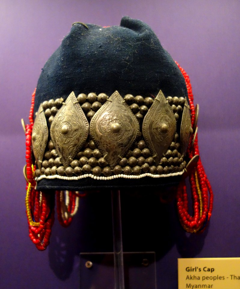 Girl's cap, Akha peoples, Thailand, Laos, or Myanmar, 20th century, silver, fur, glass, aluminum, wool - Fernbank Museum of Natural History - DSC00046