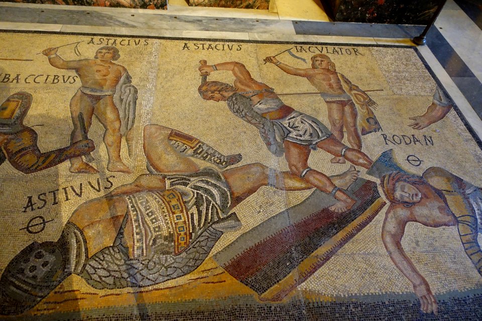 Gladiators, fragment, Roman, 300-400 AD, marble and limestone mosaic - Galleria Borghese - Rome, Italy - DSC04941