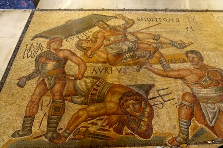 Gladiators, fragment, Roman, 300-400 AD, marble and limestone mosaic - Galleria Borghese - Rome, Italy - DSC04931