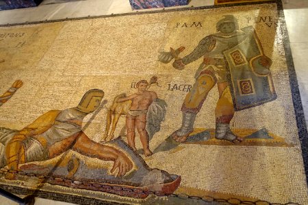 Gladiators, fragment, Roman, 300-400 AD, marble and limestone mosaic - Galleria Borghese - Rome, Italy - DSC04934
