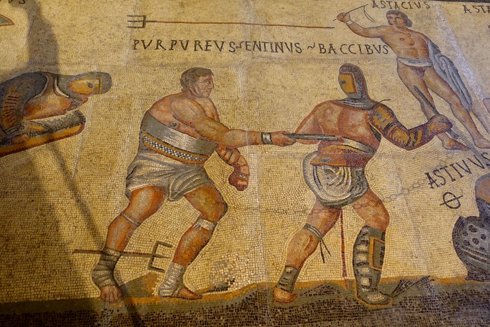 Gladiators, fragment, Roman, 300-400 AD, marble and limestone mosaic - Galleria Borghese - Rome, Italy - DSC04939