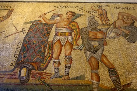 Gladiators, fragment, Roman, 300-400 AD, marble and limestone mosaic - Galleria Borghese - Rome, Italy - DSC04925