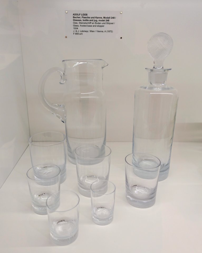 Glasses, bottle, and jug, Model 248, designed by Adolf Loos, J. & J. Lobmeyer, Vienna, 1934, glass, frosted base, and stopper - Museum für Angewandte Kunst Köln - Cologne, Germany - DSC09565