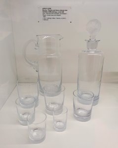 Glasses, bottle, and jug, Model 248, designed by Adolf Loos, J. & J. Lobmeyer, Vienna, 1934, glass, frosted base, and stopper - Museum für Angewandte Kunst Köln - Cologne, Germany - DSC09565