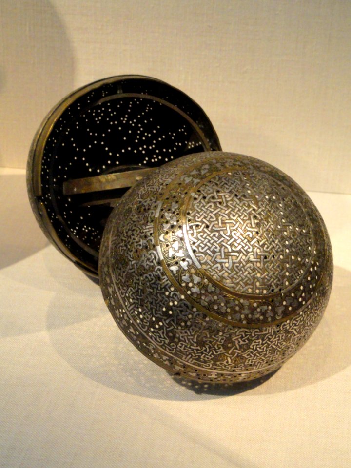 Globe, probably Syria, mid 15th century AD, brass inlaid with silver - Freer Gallery of Art - DSC05389