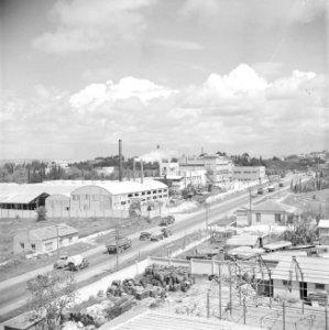 Gebouwen van de citrussapfabriek Assis aan de weg van Tel Aviv naar Haifa. Op de, Bestanddeelnr 255-1240