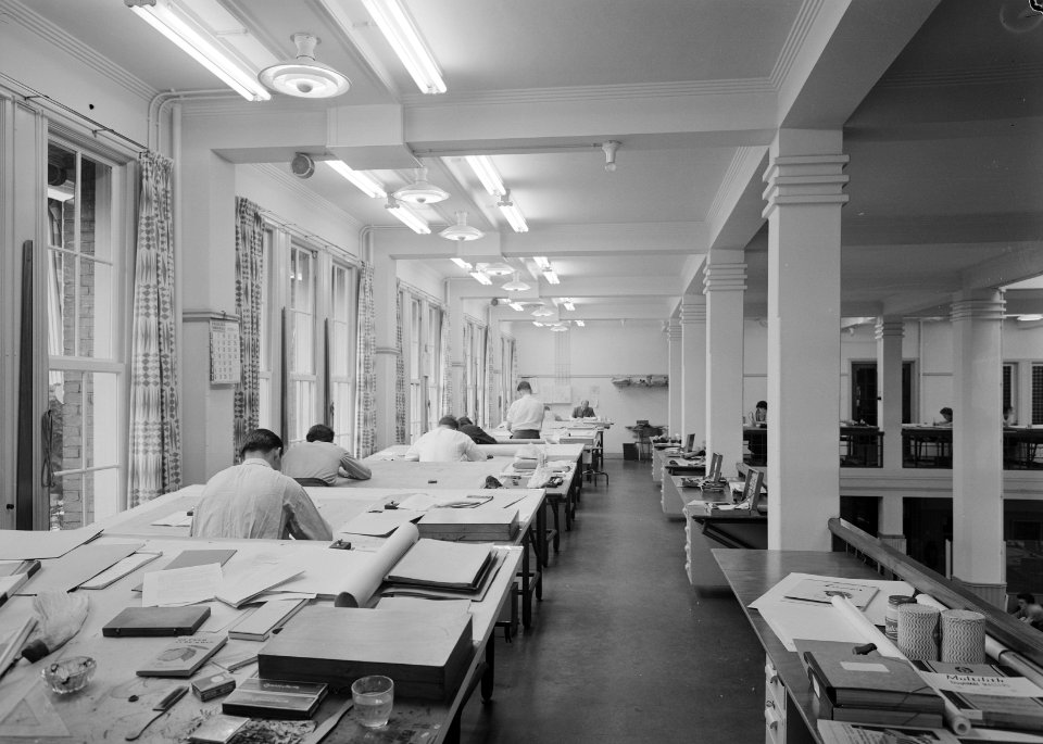 Gebouwen en monumenten knhm, interieurs, tekenafdeling, mensen, galerijen, Afdel, Bestanddeelnr 162-0875