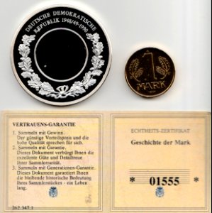 Gedenkprägung - Geschichte der Mark, 1 Mark, Vorderseite mit Zertifikat