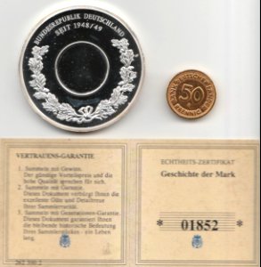 Gedenkprägung - Geschichte der Mark, 50 Pfennig, Vorderseite mit Zertifikat