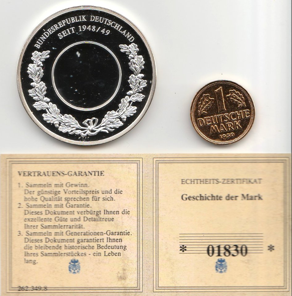Gedenkprägung - Geschichte der Mark, 1 DM, Vorderseite mit Zertifikat