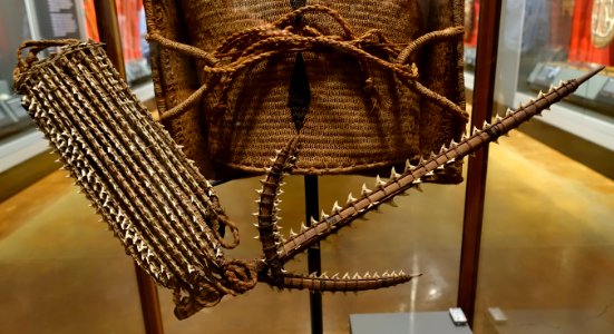 Gauntlet and sword, Gilbert Islands, Kirabati, coconut fiber, wood, sharks teeth - Pacific collection - Peabody Museum, Harvard University - DSC06025
