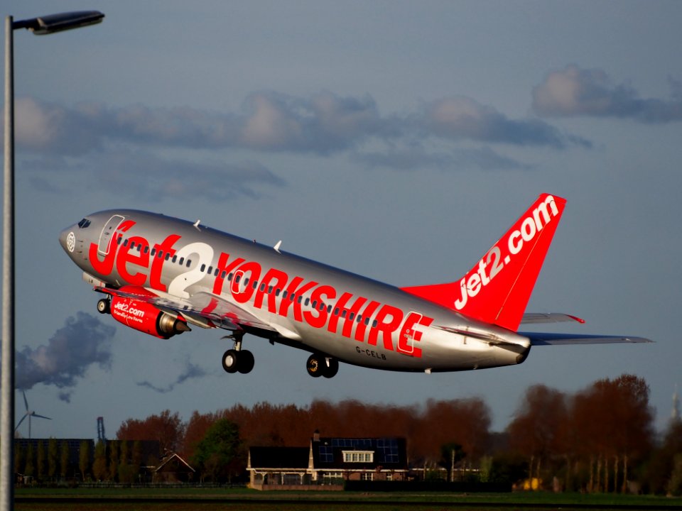 G-CELB Jet2 Boeing 737-377 takeoff from Polderbaan, Schiphol (AMS - EHAM) at sunset, pic4