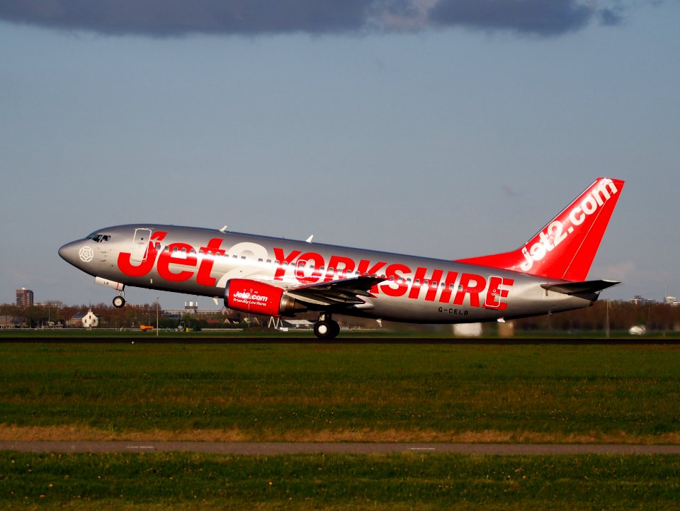 G-CELB Jet2 Boeing 737-377 takeoff from Polderbaan, Schiphol (AMS - EHAM) at sunset, pic3