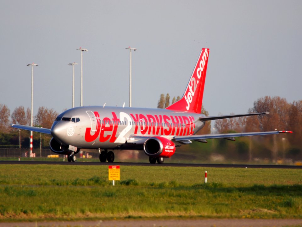 G-CELB Jet2 Boeing 737-377 takeoff from Polderbaan, Schiphol (AMS - EHAM) at sunset, pic1