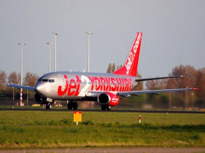 G-CELB Jet2 Boeing 737-377 takeoff from Polderbaan, Schiphol (AMS - EHAM) at sunset, pic1