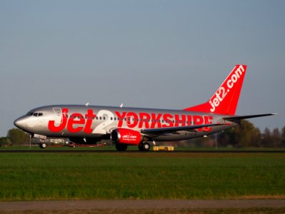 G-CELB Jet2 Boeing 737-377 takeoff from Polderbaan, Schiphol (AMS - EHAM) at sunset, pic2