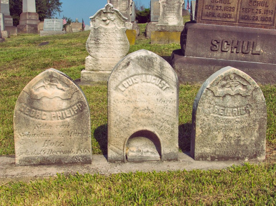 Georg Philipp, Louis Agust, and Heinrich Hotz Tombstones, Greentree Cemetery, 2015-08-16, 01