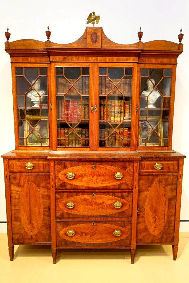 Gentleman's desk and bookcase, by Edmund Johnson, Salem MA, 1793-1811, mahogany, pine, other woods, brass, glass - Peabody Essex Museum - DSC06884