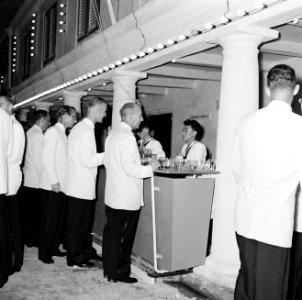 Genodigden aan de bar bij de koninklijke ontvangst op Fort Amsterdam te Willemst, Bestanddeelnr 252-3811