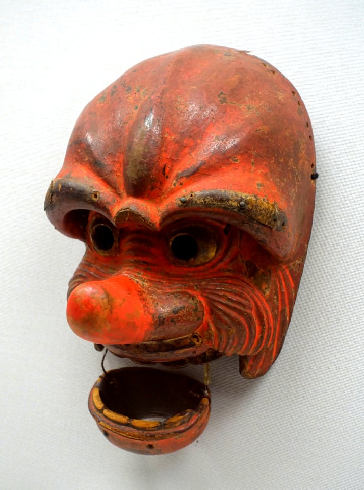 Genjoraku bugaku mask, lent by Masumida Jinja, Aichi, Japan, Kamakura period, dated 1211 AD, wood with polychromy - Tokyo National Museum - Tokyo, Japan - DSC09015