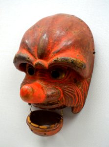 Genjoraku bugaku mask, lent by Masumida Jinja, Aichi, Japan, Kamakura period, dated 1211 AD, wood with polychromy - Tokyo National Museum - Tokyo, Japan - DSC09015