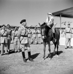 Generaal Glubb Pasha en zijn zoon Faris Glubb te paard bij de generale repetitie, Bestanddeelnr 255-5098