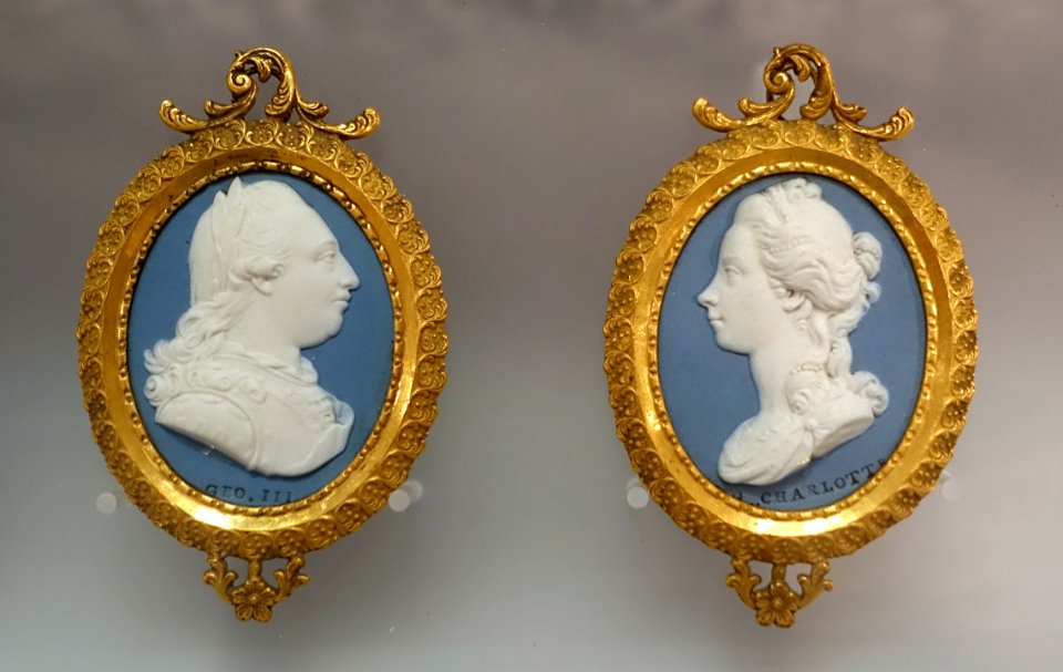 George III and Queen Charlotte, modeled by William Hackwood after waxes by Isaac Gosset, 1776-1780, jasper, ormolu frames by Matthew Boulton - Wedgwood Museum - Barlaston, Stoke-on-Trent, England - DDSC09630
