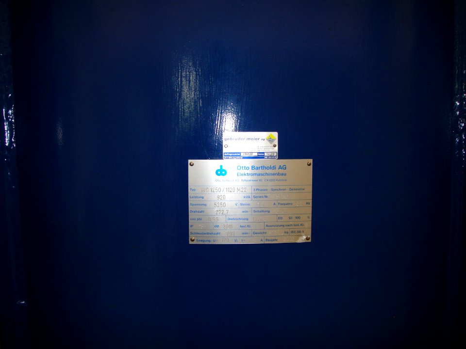 Generator Otto Bartholdi AG Kraftwerk Leinau Typenschild